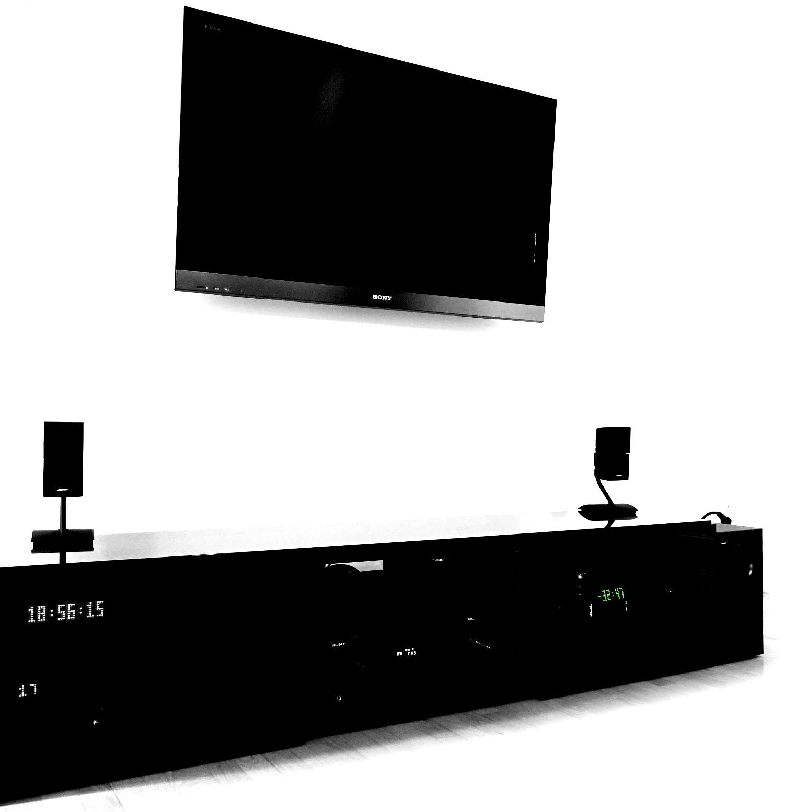 A TV setup in 2020. Note that the TV itself (top) does not have a dedicated sub-display for channel number or anything like that, and neither do the Chromecast (not distinguishable on picture); the numeric display at bottom right, showing time remaining "-32:47", is home-brewed.